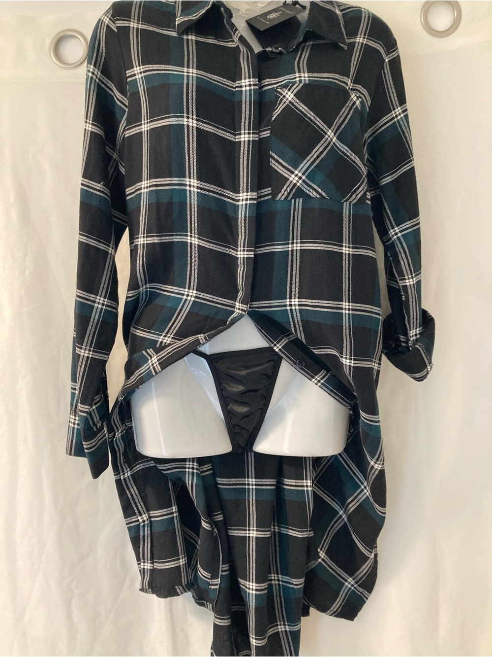 Maison Coupé Plaid Shirt Dress Tunic Black Green Button Front M NWT